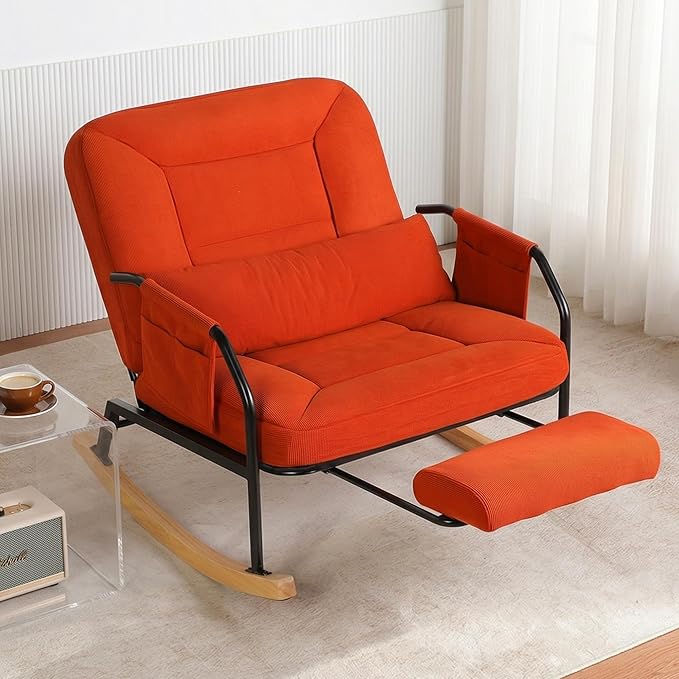 Oversized Reclining Rocking Chair with Foot Rest, 110°–160° Adjustable Backrest, Upholstered Armchair with Side Pocket for Nursery and Living Room, Brown