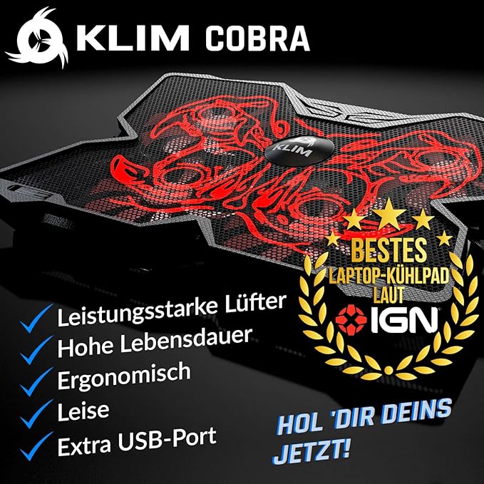 KLIM Wind Laptop Cooling Pad - More Than 500,000 Units Sold - New - Powerful Rapid Action Laptop Cooler - Laptop Stand with 4 Cooling Fans - 2 USB Ports - PC Mac PS5 PS4 Xbox One - Cobra Red
