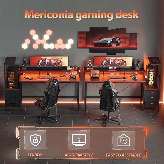 Mericonia 52 inch Gaming Desk with LED Lights & Power Outlets, Reversible Computer Desk with Storage Drawers & Monitor Stand, Large Gaming Table for Home Office