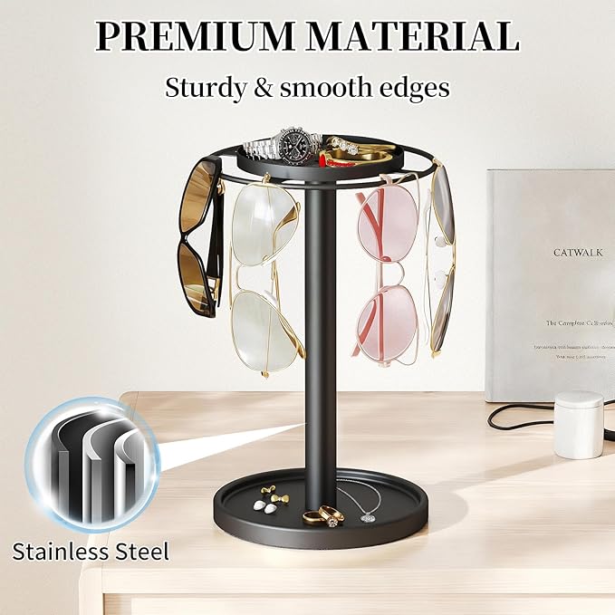 LSK 360° Rotating Sunglasses Organizer, Stainless Steel Glasses Holder Stand with Tray, Glasses Organizer with Storage Base for Dresser, Desk Table, Nightstand & Home Decor, Black