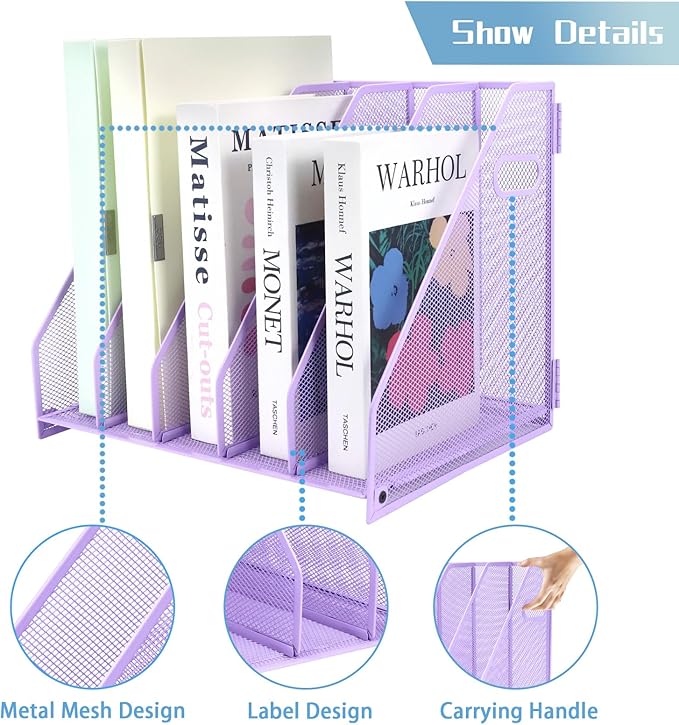 Desk Organizers Metal Magazine File Holder Racks Desktop Folder Storage Binder Organiser Document Organization for Home Office & Classroom,5 Vertical Compartments-Purple