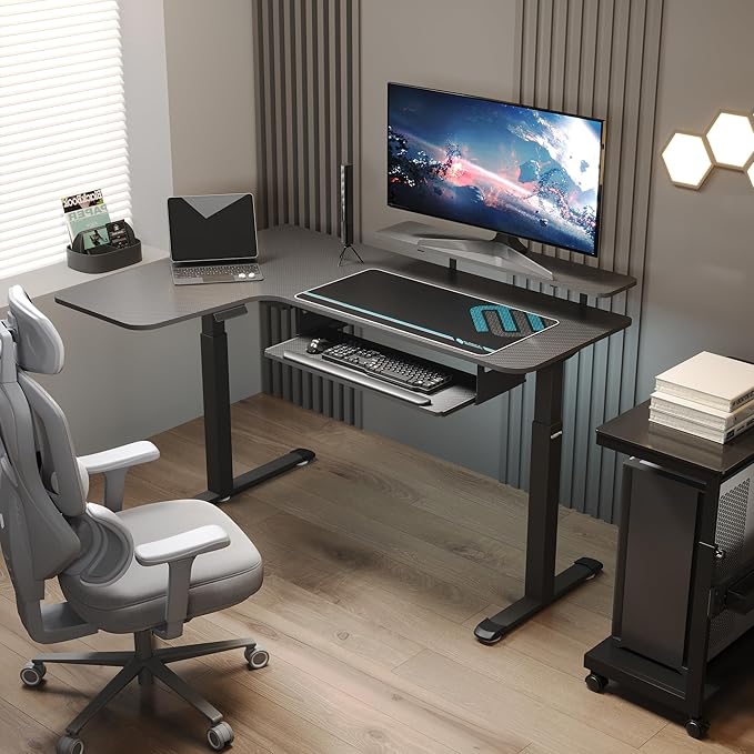 EUREKA ERGONOMIC 55 Inch L Shaped Electric Standing Desk, Height Adjustable Computer Gaming Desk with Keyboard Tray, Mouse Pad, Home Office Work,Carbon Fiber Black, Left Side