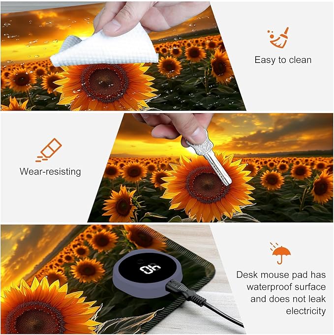 Heated Mouse Pad,Warm Desk Pad with 3 Levels Heating & 3 Hours Auto Shut-Off, PU Leather Heated Desk Pad Warmer Pad for Home Office - 23.6 x 14.2 inch,Sunflower Clusters