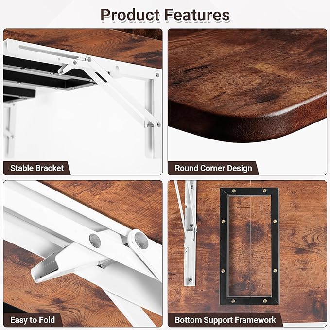 Neoaider Wall Mounted Folding Desk 35.4” x 15.7”, Drop Down Table with Metal Collapsible Brackets, Folding Wall Table for Small Spaces, Home, Office, Kitchen, Laundry Room-Brown