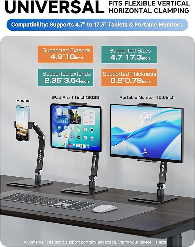 Portable Monitor Stand Holder for 15.6'',17.3'', Tablet Stand Holder for iPad, Aluminum Alloy Foldable Arm Mount with 360° Swivel Desk Mount Compatible with 4.7-17.3inch Tablet (Black)