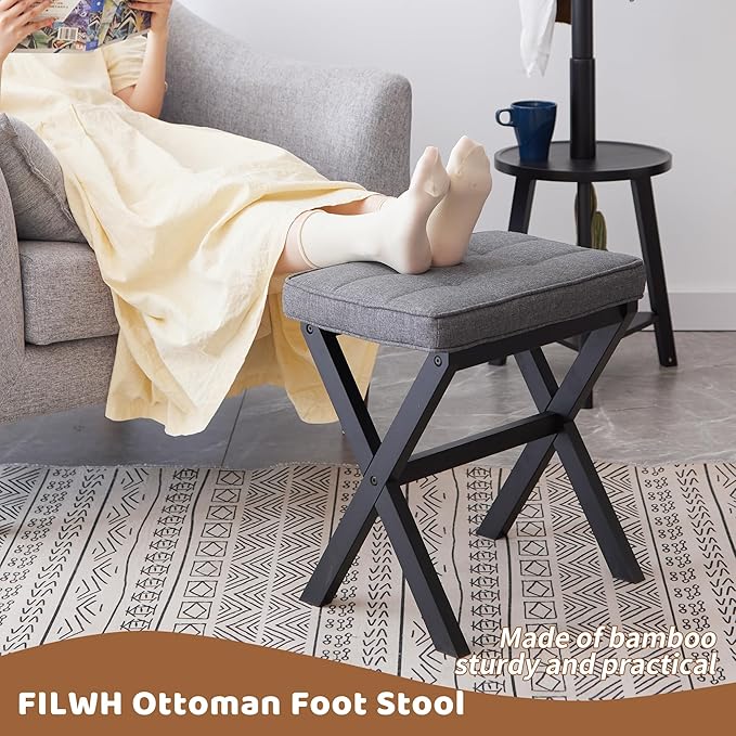 Foot Stool Small Ottoman Foot Rest Padded Foot Stool Desk for Under Office Desk Vanity Stool Bamboo Footstool Sofa Footrest Shoe Stool Small Foot Stools (Black Legs + Gray)