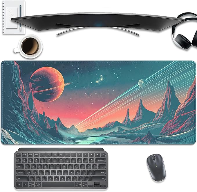 Planet Large Gaming Mouse Pad Desk Pad, 27.5x11.8in Mountains Extended Keyboard Mouse Mat with Stitched Edges,Waterproof Non-Slip Rubber Base for Office Laptop Computer Home