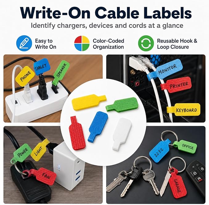 Cable Management Kit, 135Pcs Reusable Hook and Loop Cable Ties, Adhesive Clips, Cord Labels for Desk Cord Organizer Home Office - Multicolor