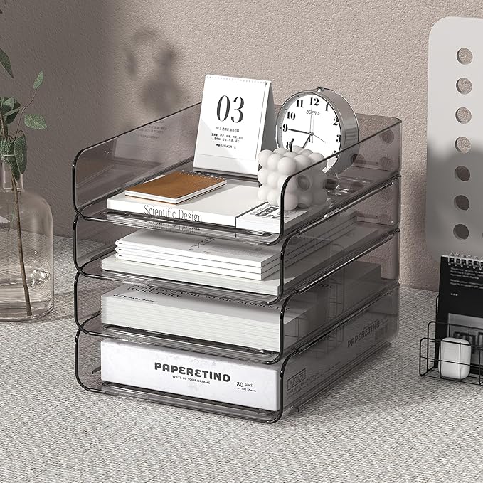 FANXIYQ 4-Tier Acrylic Paper Tray Organizer | Clear Stackable Desk Organizer for Documents, Letters, A4 Paper | Modern Office/Classroom/Home Organization,Brown