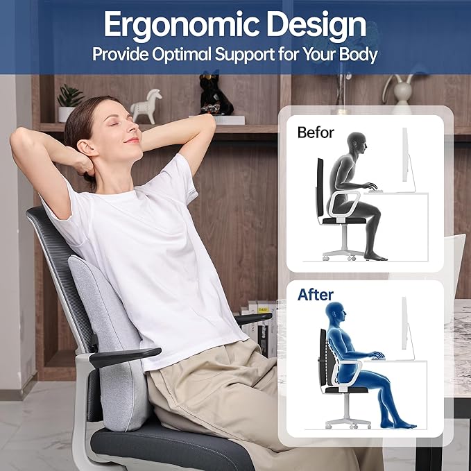 Plush & Comfortable Memory Foam Lumbar Support Pillow - Soft Back Cushion for Office Chair, Car Seat, Gaming Chair - Ergonomic Lower Back Pain Relief with Adjustable Straps & Washable Cover-Light Grey