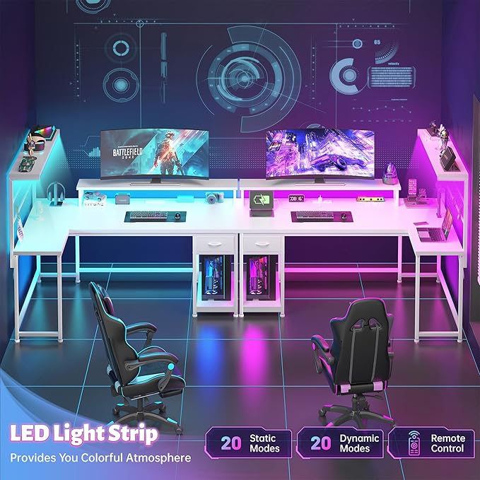 EnHomee 53 inch L Shaped Gaming Desk with LED Lights & Power Outlets, Reversible Corner Desk with Monitor Stand, Computer Desk with Shelf and Drawers for Home Office Writing, Study & Gaming, White