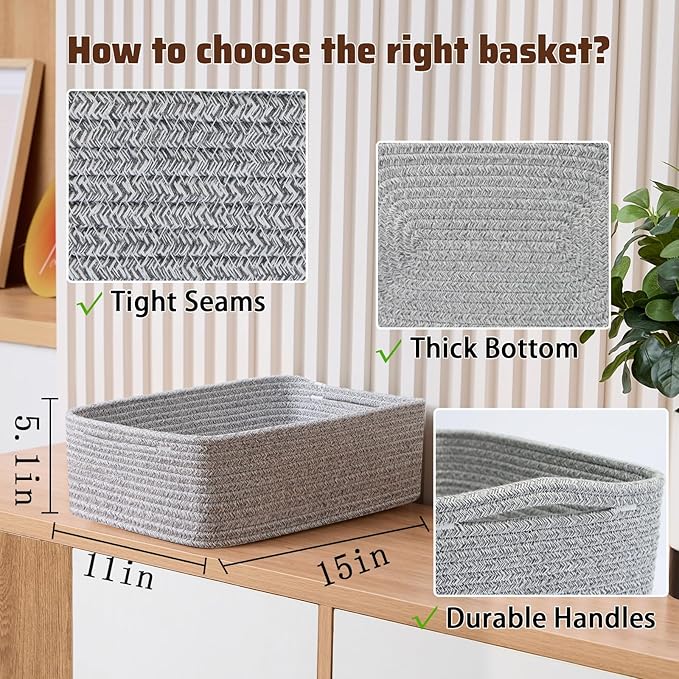 MiniArk Large Shallow Organizing Baskets 15x11x5.1 Inches - Rope Woven Storage Bins for Bathroom, Shelves, Cube Closet, Mixed Grey 4 Packs