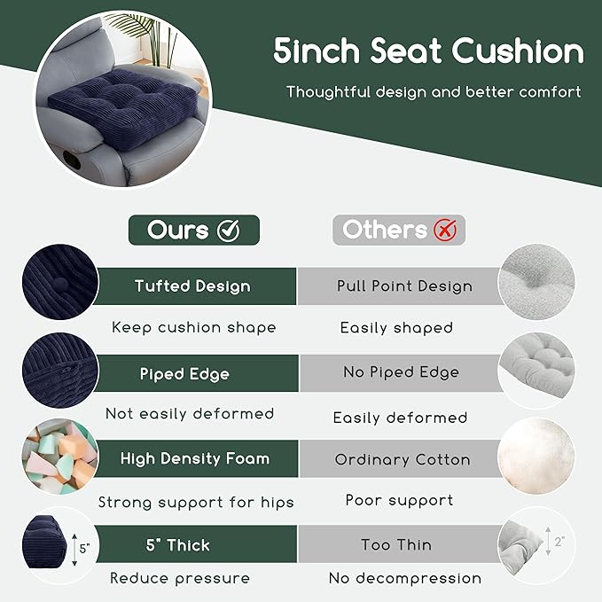 HIGOGOGO Tufted Corduroy Recliner Seat Cushion for Elderly, 20x20x5 Inch Large Square Seat Cushion for Recliner Chair, Floor Pillow, Office Chair, Car, No Pressure on Thighs, Navy