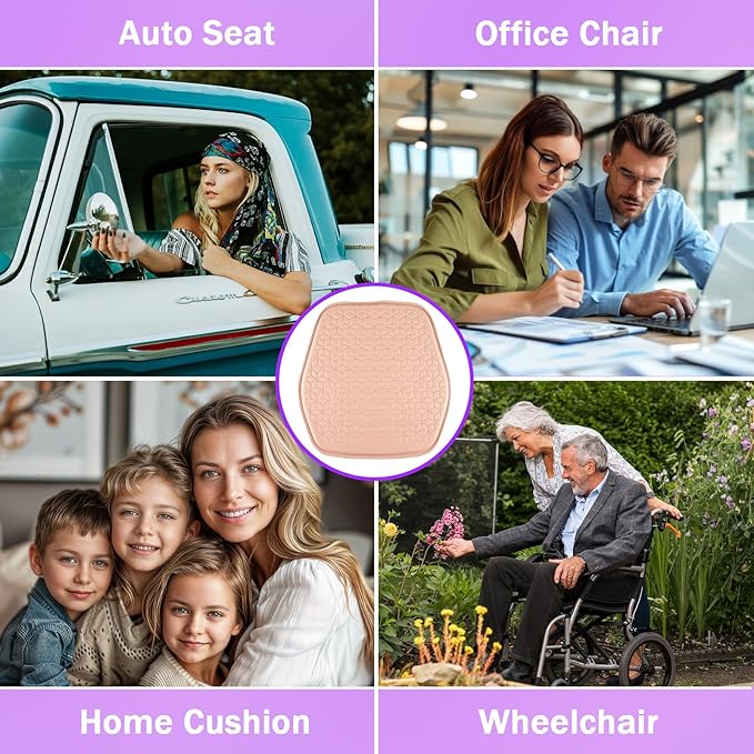 Thin Gel Seat Cushion for Car Seat, Office Chair, Wheelchair, Golf Cart - Non-Slip Car Seat Cushions with 0.7 Inch Gel - Sciatica & Coccyx Pain Relief (Leather, Pink)