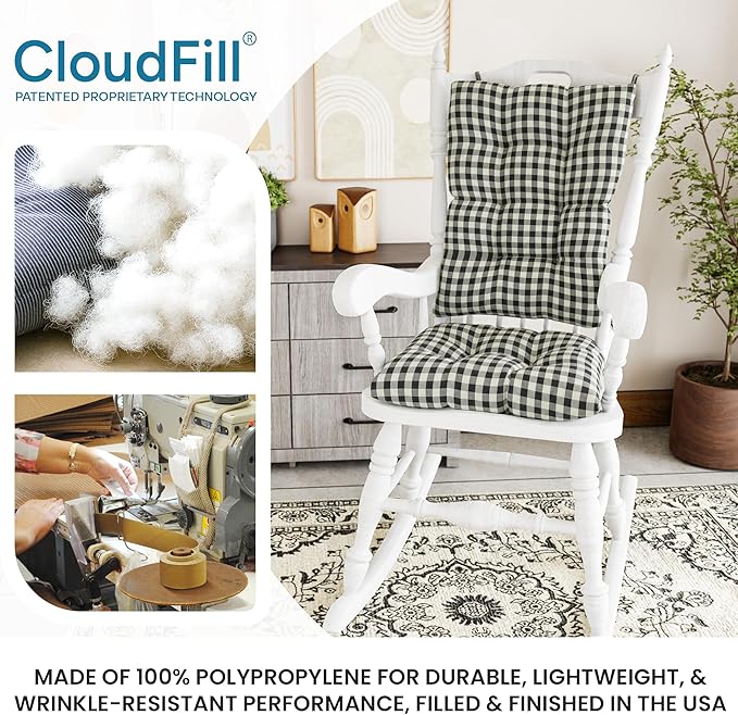 Klear Vu The Gripper Non-Slip Rocking Chair Cushion Set with Thick Padding, Includes Seat Pad & Back Pillow with Ties for Indoor Living Room Rocker, 17x17 Inches, 2 Piece Set, Gingham Black
