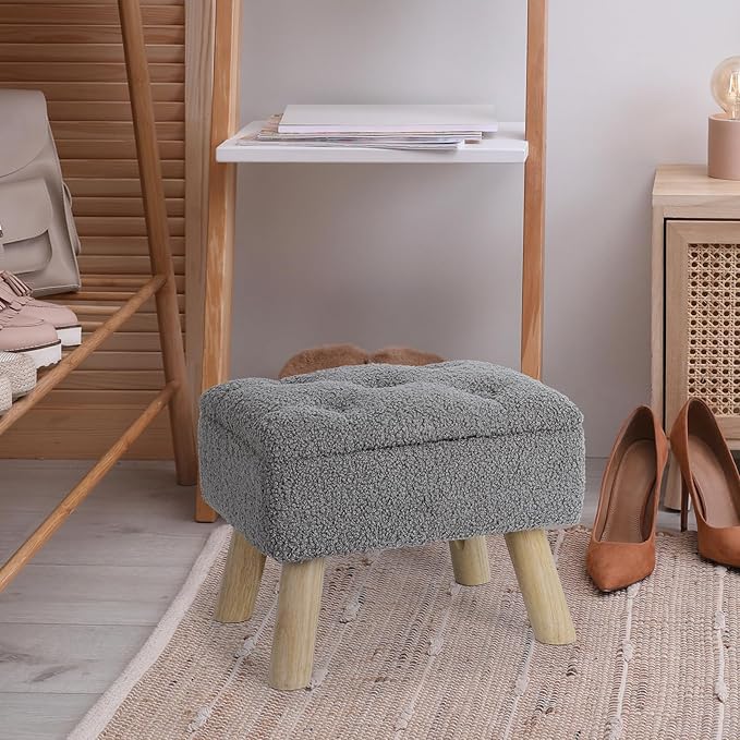 OGEMXU Storage Ottoman, Small Storage Ottoman Foot Stool with Wood Legs, Teddy Velvet Rectangular Foot Rest for Chair, Soft Sponge White Footstool for Living Room, Couch, Bedroom, Dorm (Grizzly)