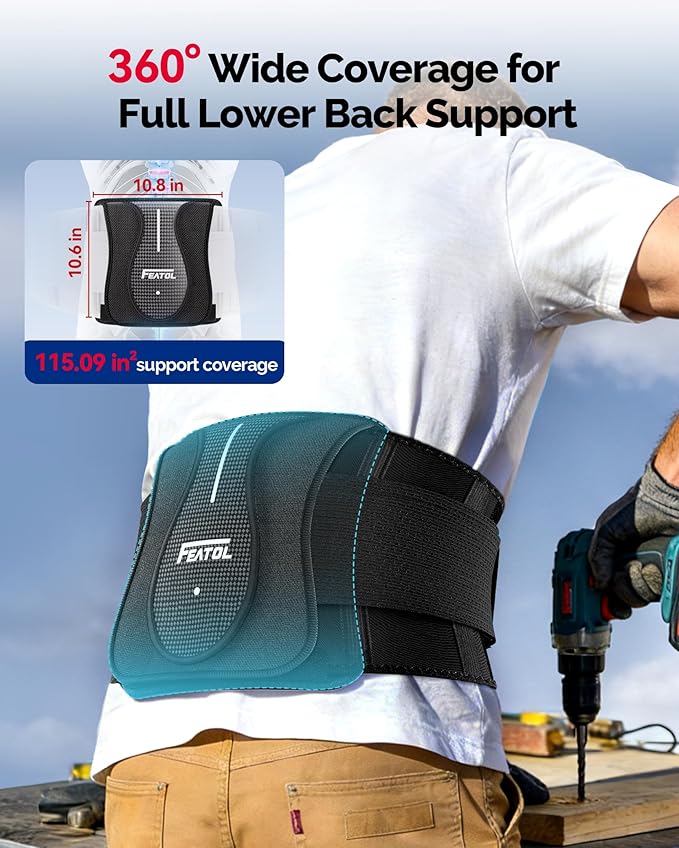FEATOL Back Brace for Lower Back Pain Wide Coverage 360° Strong Lumbar Support with Removable Pad, Adjustable Waist Support Belt for Men Women, Size 3XL 54''-63''