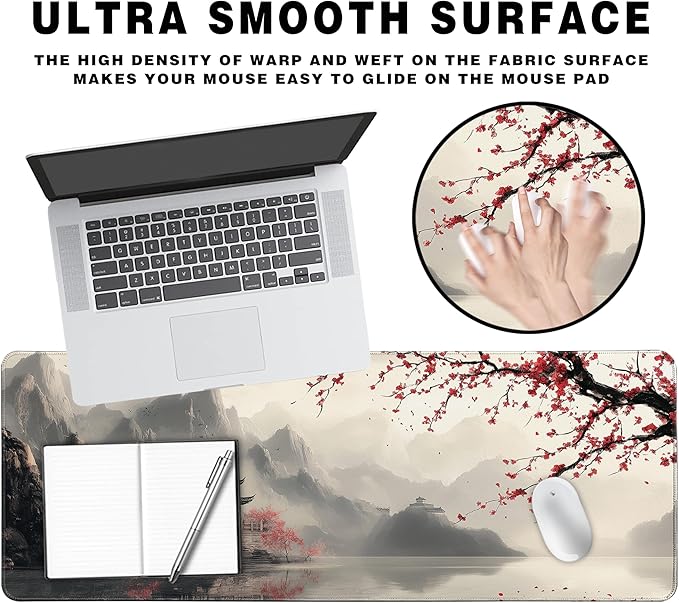 Long Gaming Mouse Pad Extended Anime Large Desk Pad with Non-Slip Base Full Keyboard Mat with Stitched Edges for Gaming and Office 31.5 x 11.8 inches (Lake Cherry Blossom)