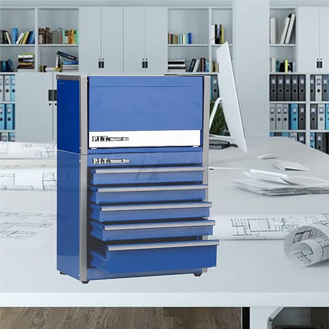 P.I.T. Mini Tool Box 8.6"W X 4.6"D, Portable 3 Drawer Steel Stackable Blue Tool Box with Magnetic Tab Locking, Blue Micro Top Chest with Liner for Tools Storage and Organizers, Home DIY