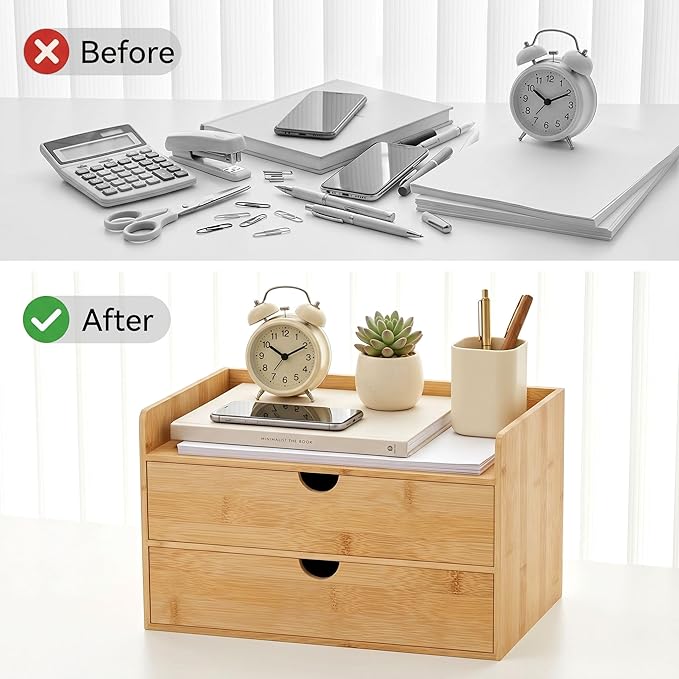 Desk Organizer with Drawers - Bamboo Desktop Organizer Storage | White-Natural Wood Desk Drawers Organizer for Bills, Office Supplies, Cosmetics, Seals No Assembly Required