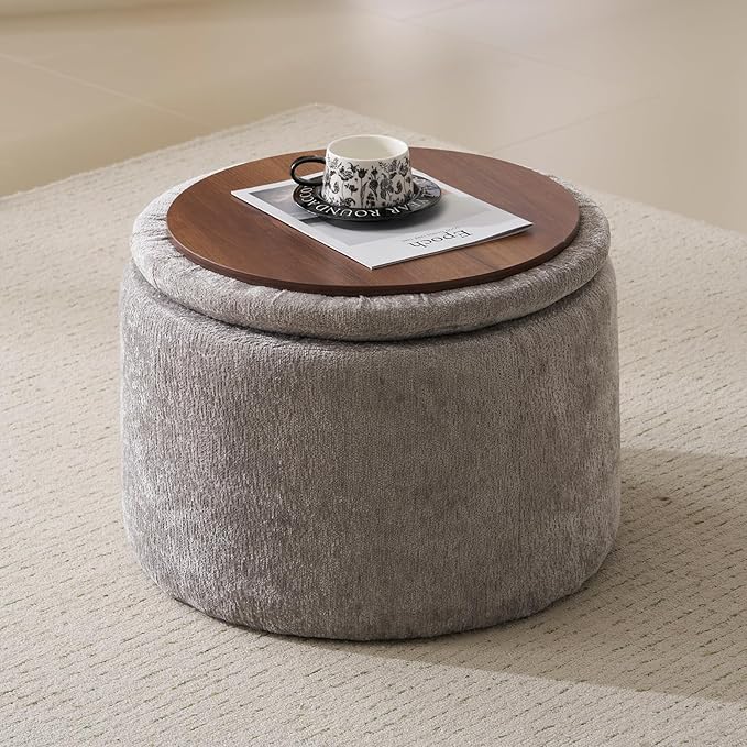 Modern Round Storage Ottoman with Reversible Tray Lid ,Chenille Ottoman Foot Stools , Ottoman Footstool with Hidden Storage , Storage Ottoman for Living Room , Multi-Functional Footrest , Light Grey