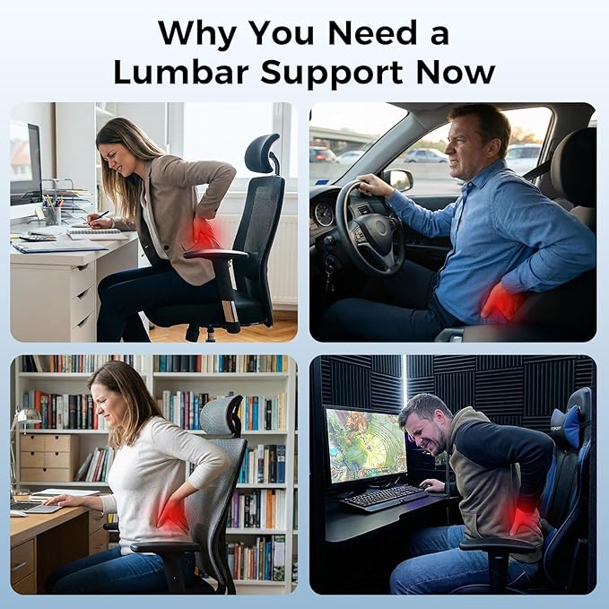 Lumbar Support Pillow for Car & Office Chair - High-Density Memory Foam Back Cushion for Sciatica & Lower Back Pain Relief - Non-Slip Support for Long Commutes & Desk Workers (3D Mesh Black)