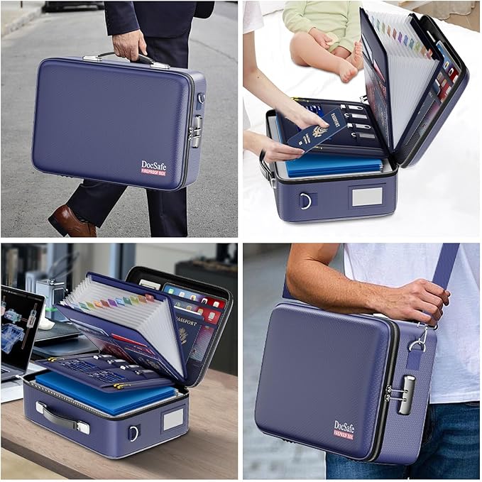 DocSafe Fireproof Document Box with Lock＆Shoulder Strap,Hard Case File Organizer with Accordion File Folder,Multi-Layer Portable Home Office Travel Safe Storage for Important Documents Laptop Blue