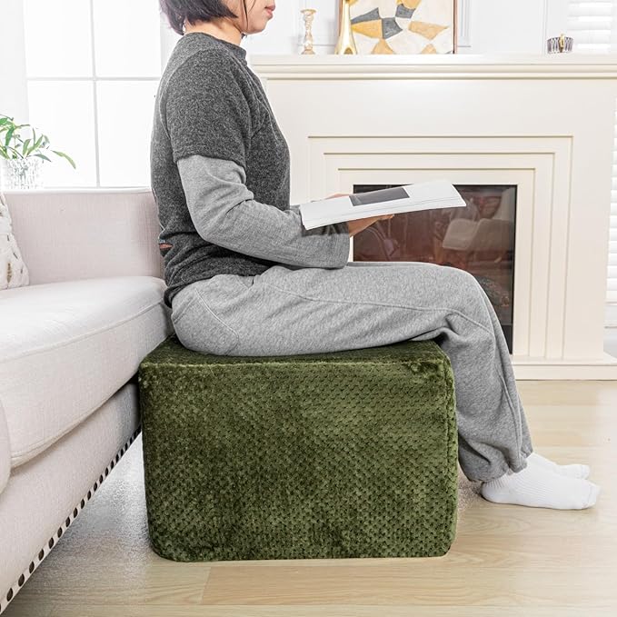 Furry Square Pouf Ottoman – 20"x14" One-Piece Seamless Integral Foam Foot Stool Ottoman Foot Rest Living Room Bedroom Under Desk (Green)