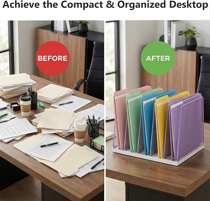 AUPSEN 5-Section File Organizer for Desk, Wood Mesh Desktop File Organizer, File Sorter Storage Rack, Vertical Folder Holder for Files, Magazines, Books (Purple)