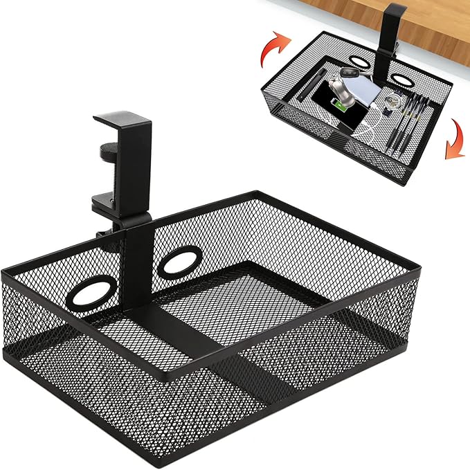 RHBLME Black Under Desk Drawer Storage - 360-Degree Rotating Desk Organizer Clamp-on Swivel Pencil Drawer Shelf for Office Tables