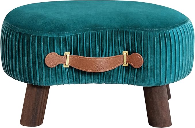 LUE BONA Small Curved Foot Stool with Handle, Teal Velvet Footstool and Ottomans, Modern Foot Rest with Wooden Legs, Step Stool with Padded Seat for Couch, Living Room