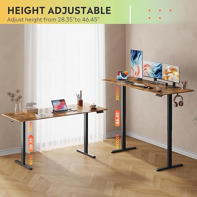 DEVAISE 71 Inch Electric Standing Desk, Adjustable Computer Desk for Home Office, Ergonomic Sit to Stand Desk with LED Touchscreen，Headphone Hook, 3 Memory Preset, with Split Top, Rustic Brown