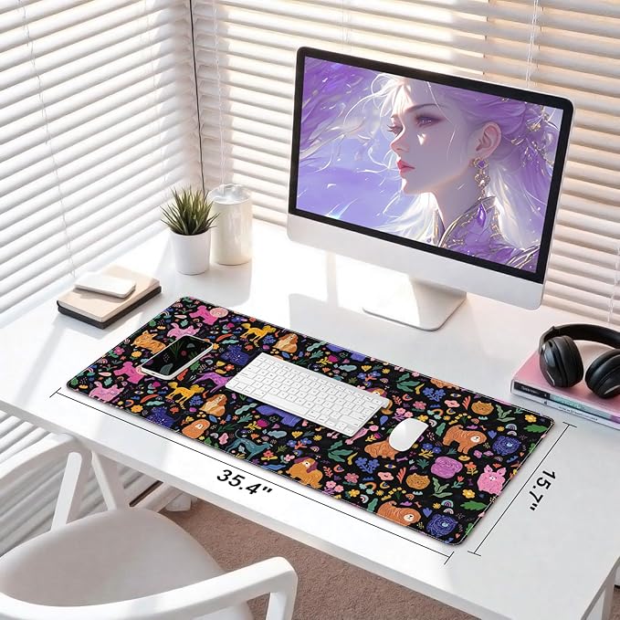 DINKY Desk Mat, Leather Keyboard and Mouse Pad for Desk, Black Office Desk Pad for Girls, Non-Slip Large Gaming Mouse Pads Desk Cover Decor 35.4"x15.7", Cute Dogs