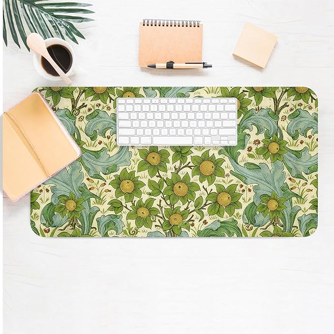Flower Mouse Pad PU Leather Green Leaves Desk Mat Large Waterproof Gaming Pad Non-Slip Keyboard Mouse Pad Writing Pad for Gamer Office&Home