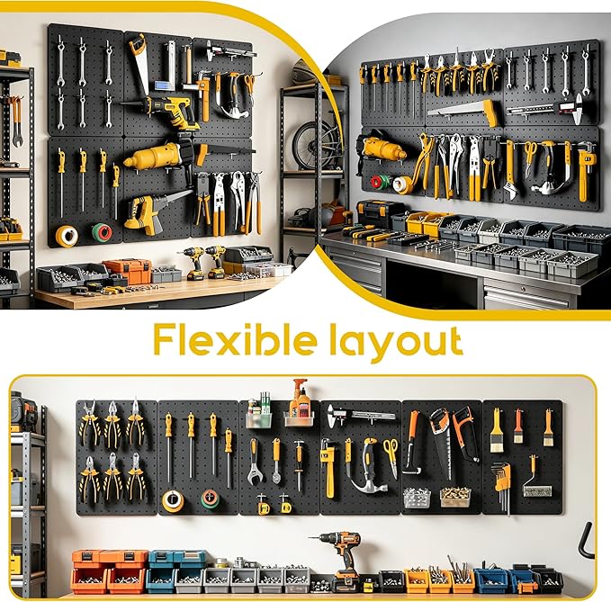 Peg Board for Tools, 6 Pack Metal Pegboard Wall Organizer with Hooks,14.76"×10.82" Black Pegboard Panels for Walls Home, Garage Tool Storage, Kitchen, Office Organization, Craft Room