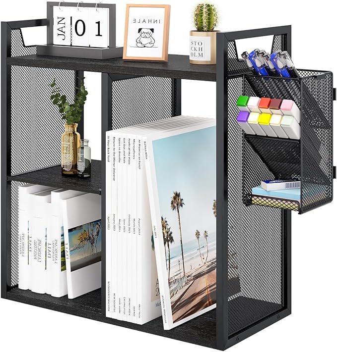 PAG Desktop Shelf Freestanding Bookshelf with Pencil Holder, Office Supplies Organizers and Accessories Storage Display Rack, Black