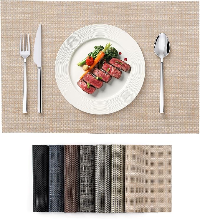 Placemats Set of 4, Heat Resistant Place Mats, Washable PVC Table Mats, Woven Vinyl Plastic Placemats for Dining Table, Non-Slip Stain Resistant Kitchen Table Placemats Easy to Clean?Beige?