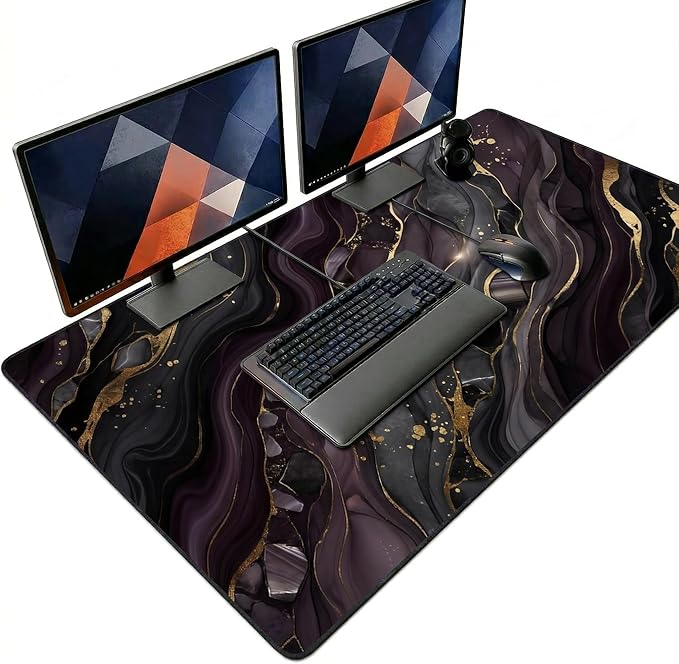 Black Gold Marble Mouse Pad 48x24in, Luxury Abstract Extended Desk Mat, Non-Slip Waterproof Keyboard Pad for Office & Gaming