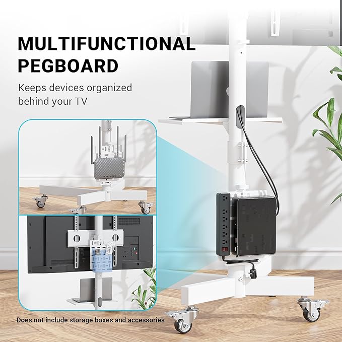 BONTEC Rolling TV Stand with Pegboard Storage for 32–65 Inch TVs, Holds, Height Adjustable Mobile TV Cart on Metal Wheels with Shelf & Cable Management,Holds up to 88 lbs, Max VESA 400x400mm, White