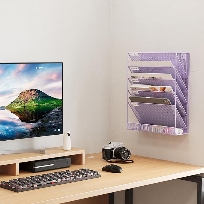 EasyPAG 5 Tier Wall File Holder, Mesh Hanging Folder Organizer with Classify Label, Versatile Desk File Holder, Vertical Wall Mounted Mail Organizer for Office Home Cubicle, Purple