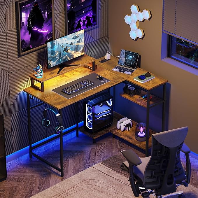 DEVAISE Compact 43" L Shaped Gaming Desk with LED Lights and Power Outlets - Corner Computer Table with Monitor Stand and Storage Shelves for Work and Gaming, Rustic Brown