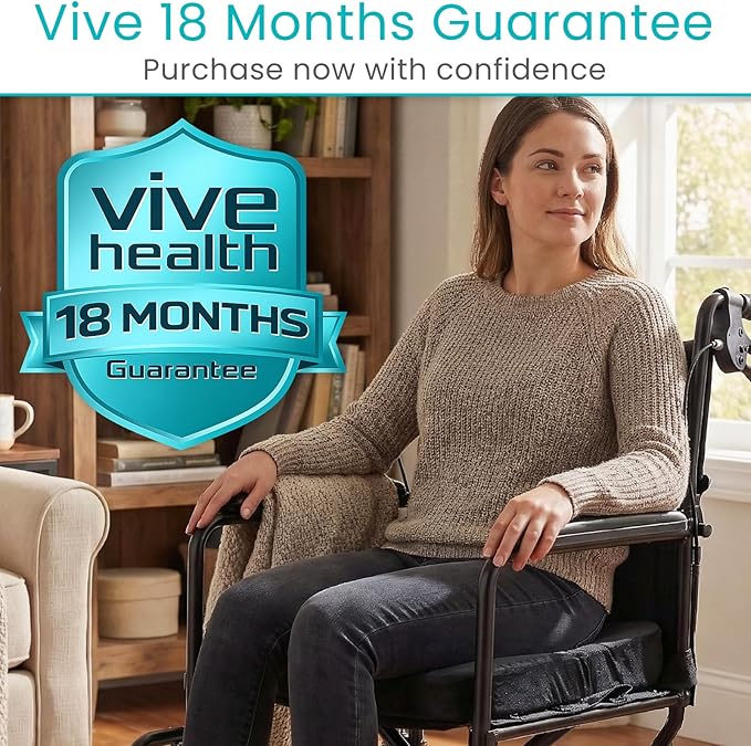Vive Memory Foam Seat Cushion – Tailbone Pain Relief, Sciatica, Coccyx & Back Support for Office Chair, Car Seat, Wheelchair & Airplane, Water-Resistant Cover, 2-Layer Foam Comfort, Wheelchair (Black)