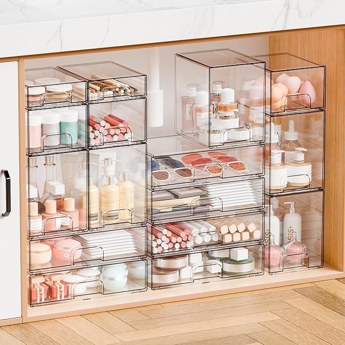 Yieach 7.6" H Baby Bottle Organizer for Cabinet,4 Pack BPA FREE Bottle Storage Organizer Baby,Clear Stackable Storage Drawers for Makeup,Skincare,Beauty Products Bathroom Closet Organizers and Storage
