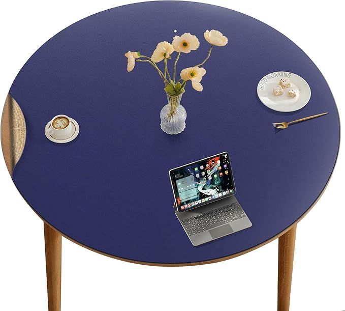 CENNBIE 54 Inches Round Table Pad - Cork & Leather Table Mat - Suitable as Side Dining Coffee Table Cover Protector - Can Be Cut to Fit (42"-54", Blue)