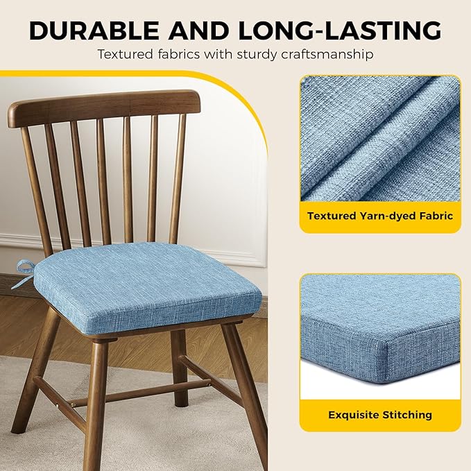 downluxe Indoor Chair Cushions for Dining Chairs, Soft and Comfortable Textured Foam Kitchen Chair Pads with Ties and Non-Slip Backing, 16" x 16" x 2", Light Blue, 6 Pack