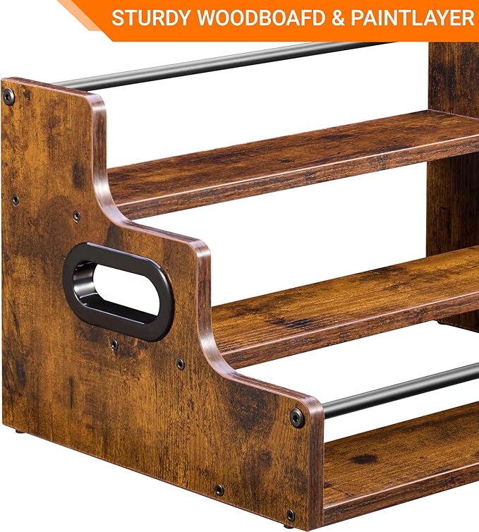 YQBRAO [Upgraded Rustic Wood Liquor Bottle Display Shelf, 3-Tier Liquor Shelf for Bar Counter, Coffee Syrup Rack Organizer with Handles & Metal Guardrail, Bar Bottle Stand for Home, Kitchen, Cafe