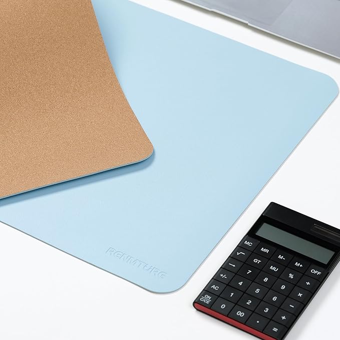 RENMTURE Dual-Sided Large Desk Pad, Faux Leather Natural Cork Mouse pad, Desk Accessories Protector, for Office and Home Work (Light Blue, 32"x16")