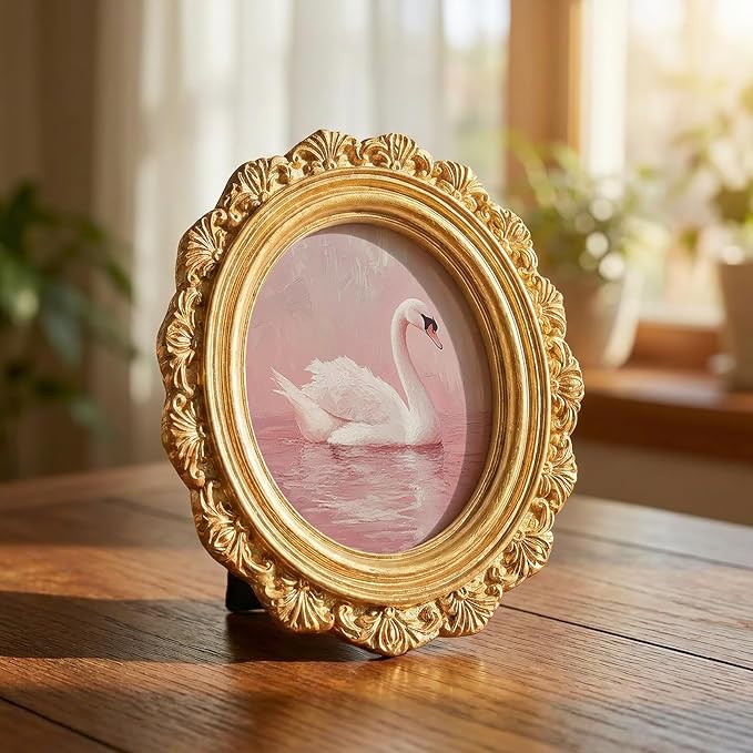 Pink Swan Round Picture Frame Wall Decor,Preppy Coquette Goose Gold Mini Ornate Photo Frame for TableTop Desk 2.7in Photo,Vintage Framed Artwork for Girly Room Walls Office Bedroom Shelf