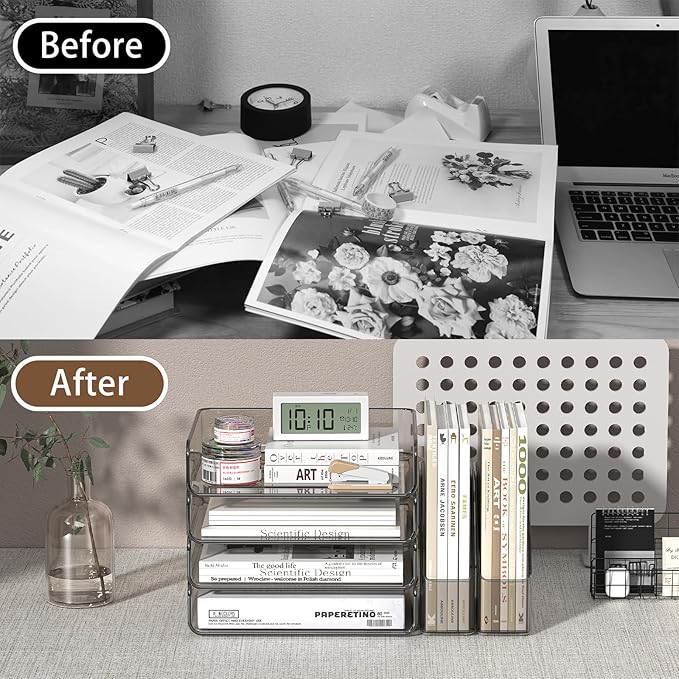 FANXIYQ 4-Tier Horizontal Acrylic Paper Tray Organizer with Booends | Clear Stackable Desk Organizer for Documents, Letters, A4 Paper | Modern Office/Classroom/Home Organization,Brown