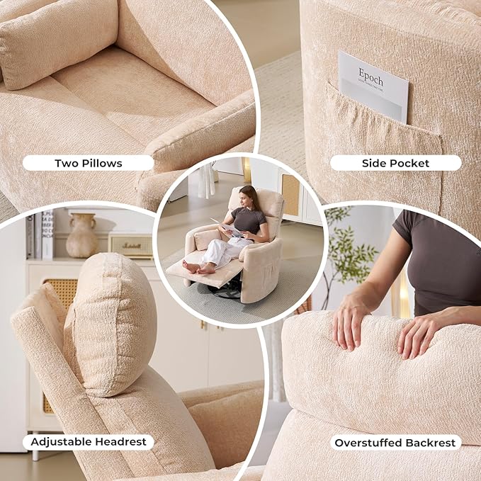 Oversized Swivel Rocker Recliner with Massage and Heat, Swivel Nursery Recliner With Adjustable Headrest, Manual Rocker Recliner Chair with Two Removable Pillows, High Back Barrel Armchair, Beige